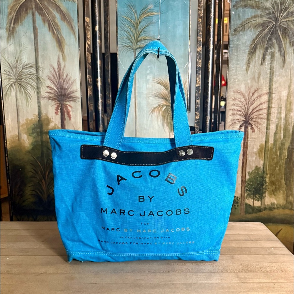 Marc Jacobs Blue Cotton Graphic Printed Tote Bag Purse Book Bag